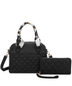Quilted Scarf Top Handle 2-in-1 Satchel LF471S2 BLACK